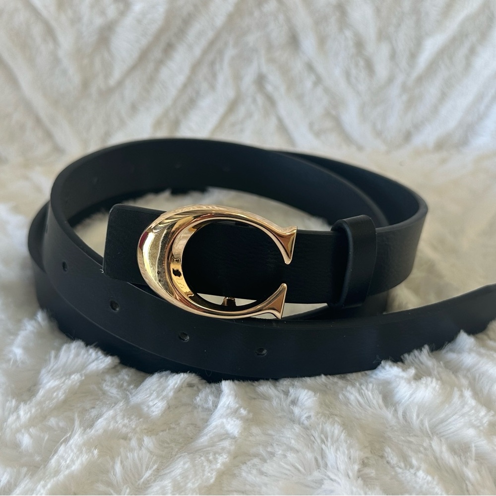 Black Vegan Leather Belt with Gold C Buckle – Fits Waist 28-36 Inches - Classic - Picture 11 of 11